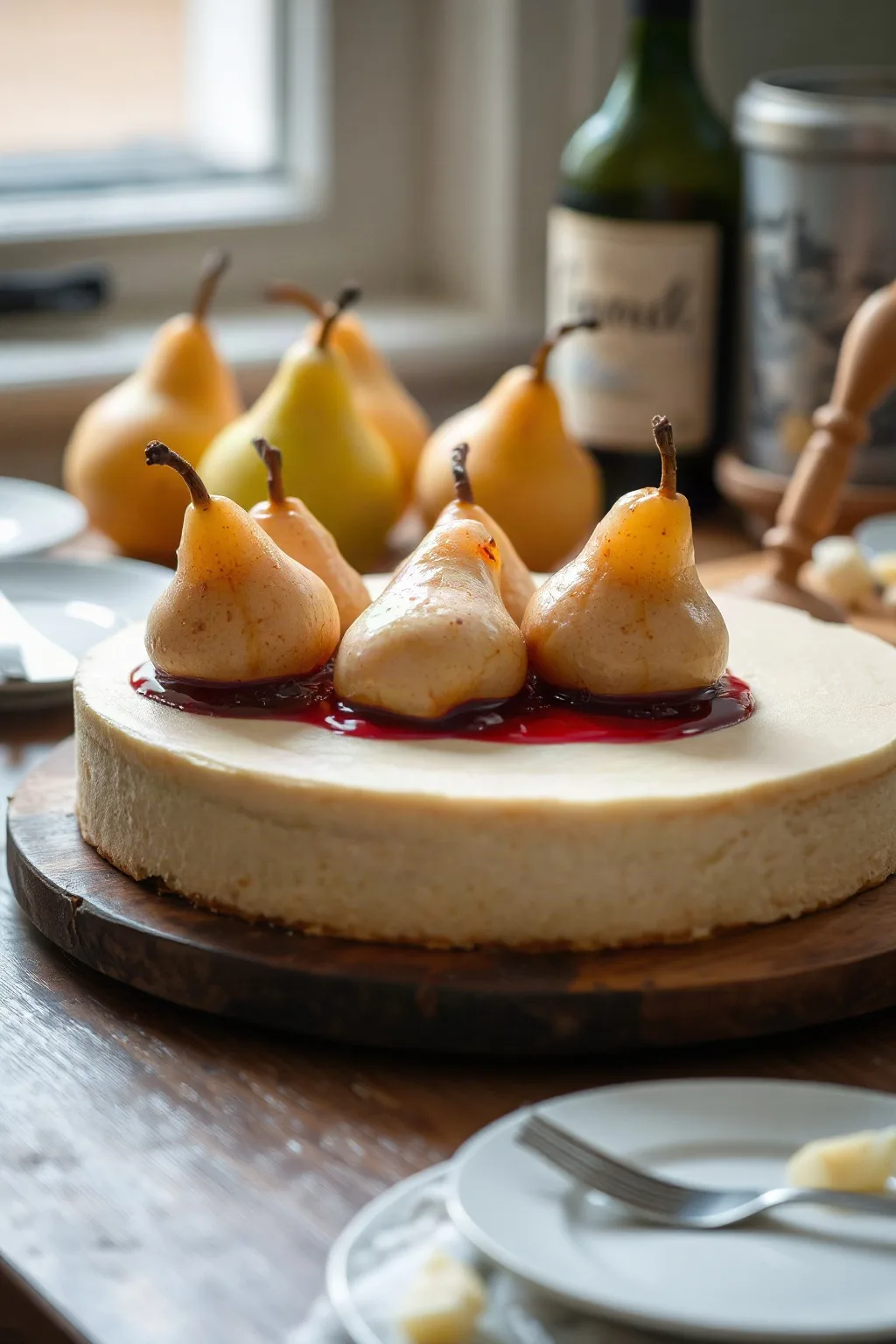 Almond Paste Cake with Pears in Red Wine