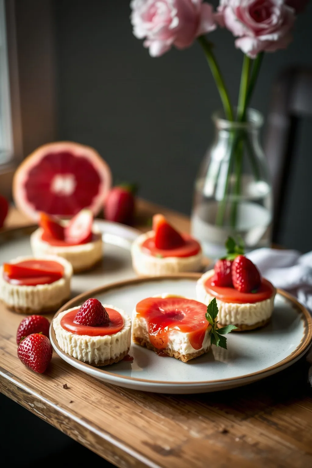 Mini Strawberry and Grapefruit Cheesecakes