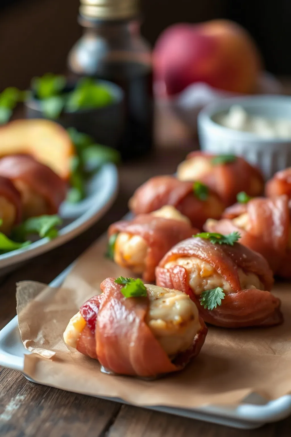 Bouchées de poulet, pêches et bacon