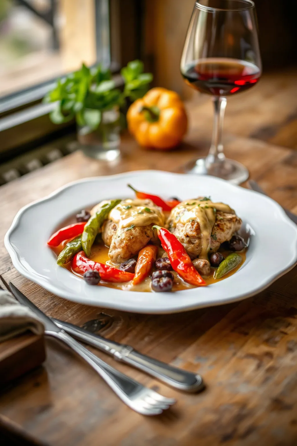 Chicken with Mustard and Tricolour Peppers