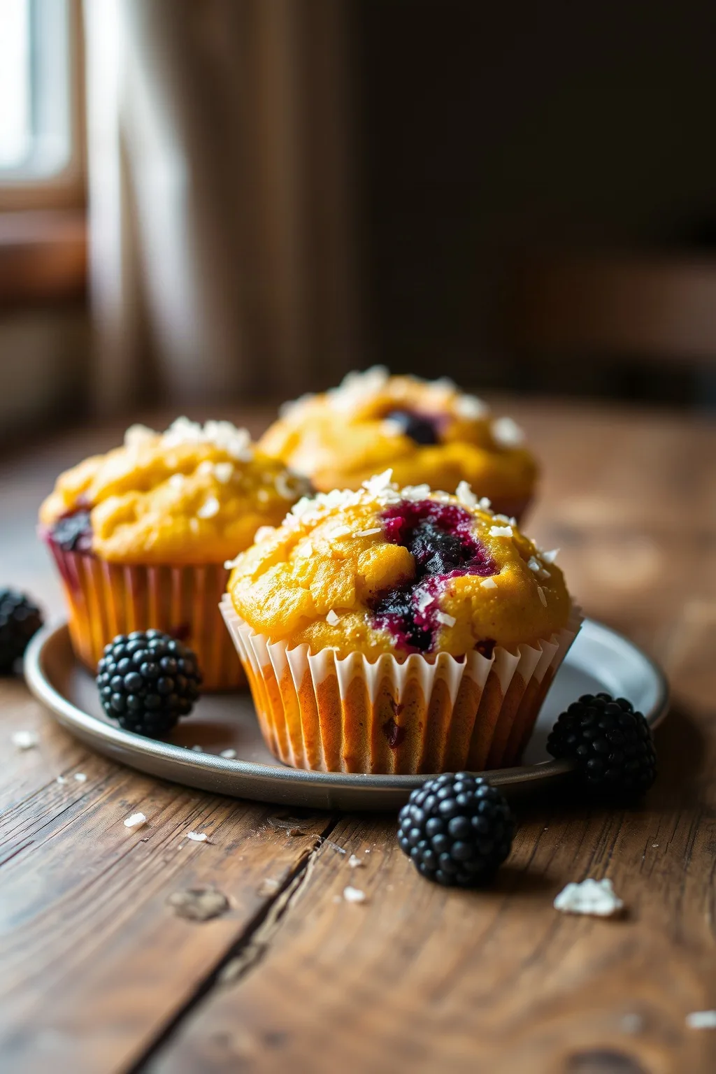 Mango, Coconut, and Blackberry Muffins