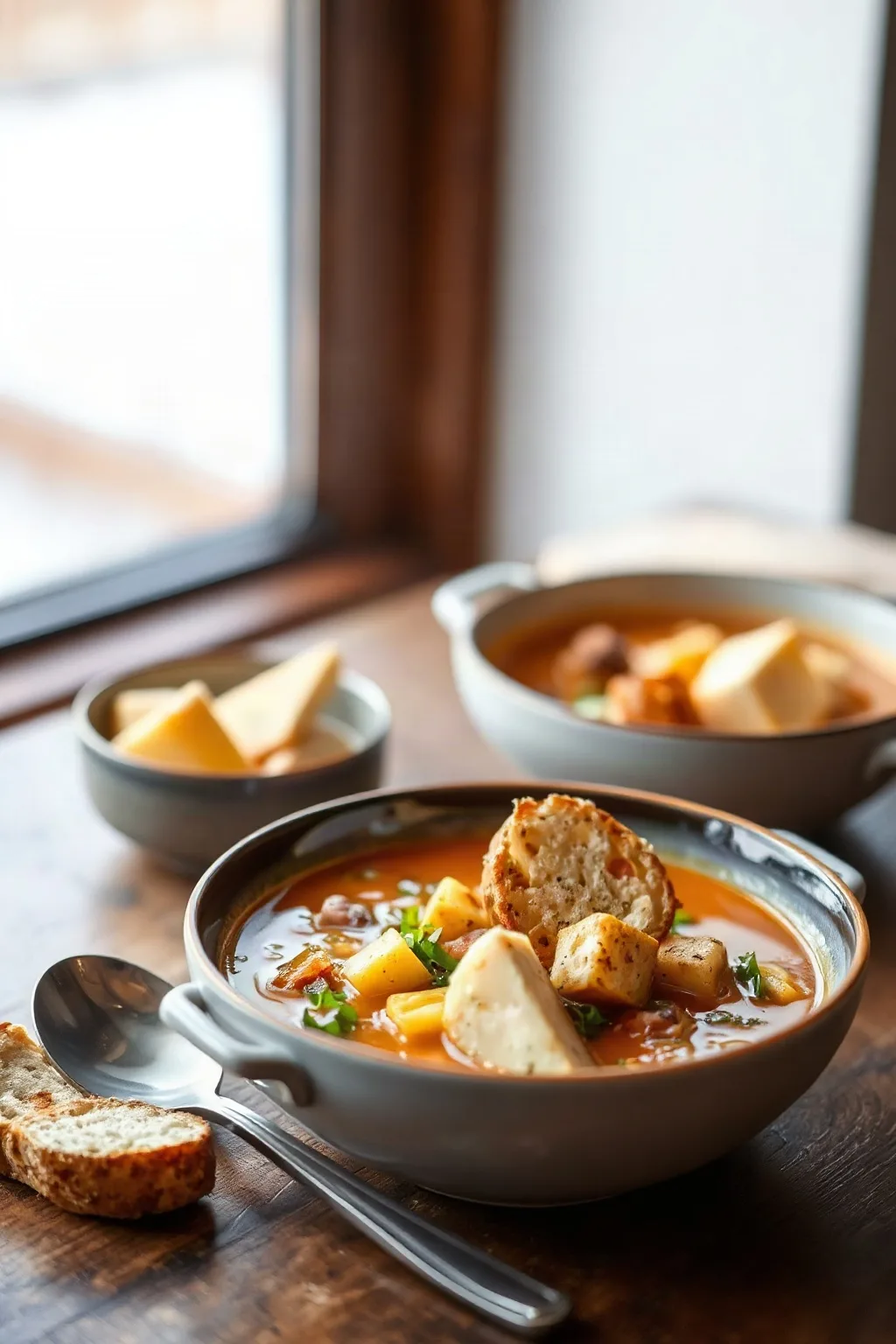 Vegetable and Ham Soup with Raclette Croutons