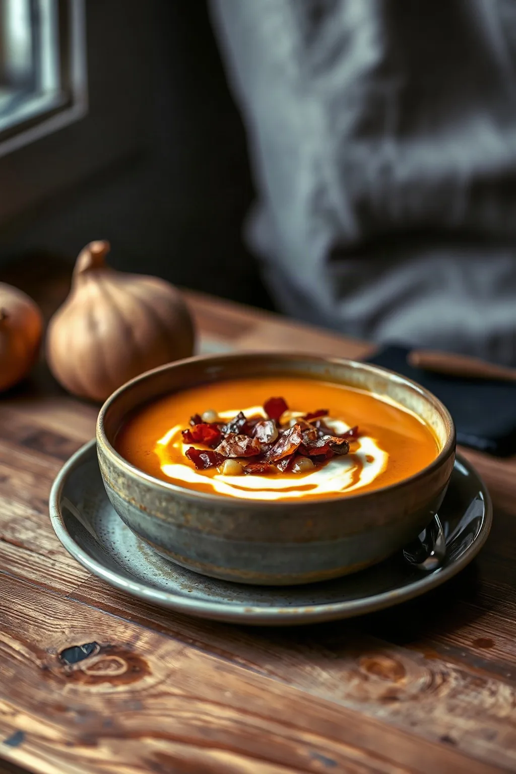 Potage de patate douce à l'oignon rôti et à la pancetta