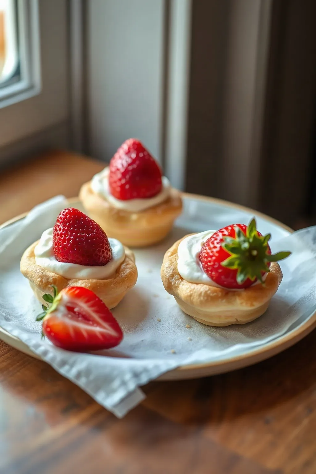 Iced Puff Pastries with Cream and Strawberries