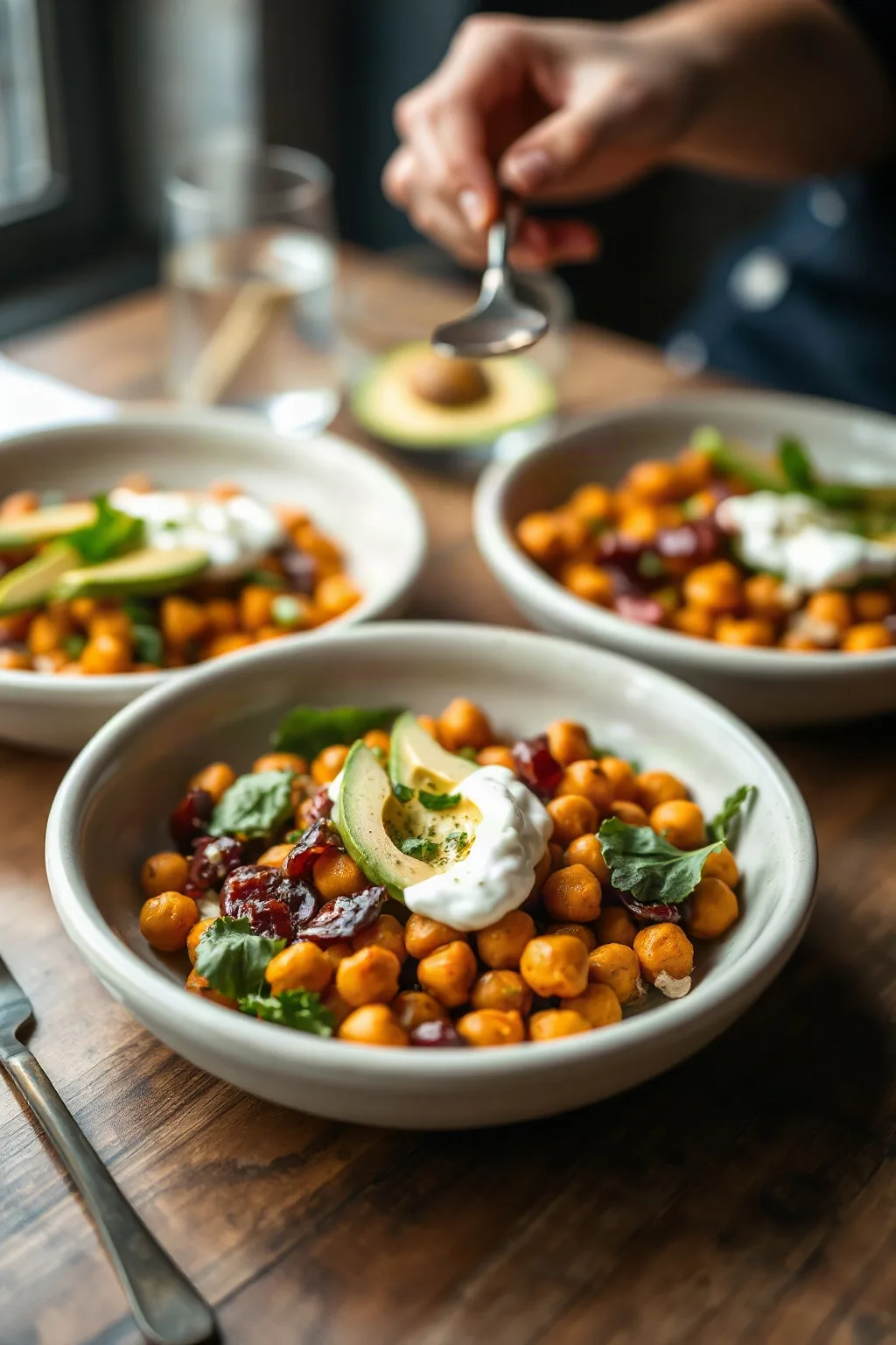 Sweet Potato Chickpea Bowls with Harissa and Avocado Greek Yogurt