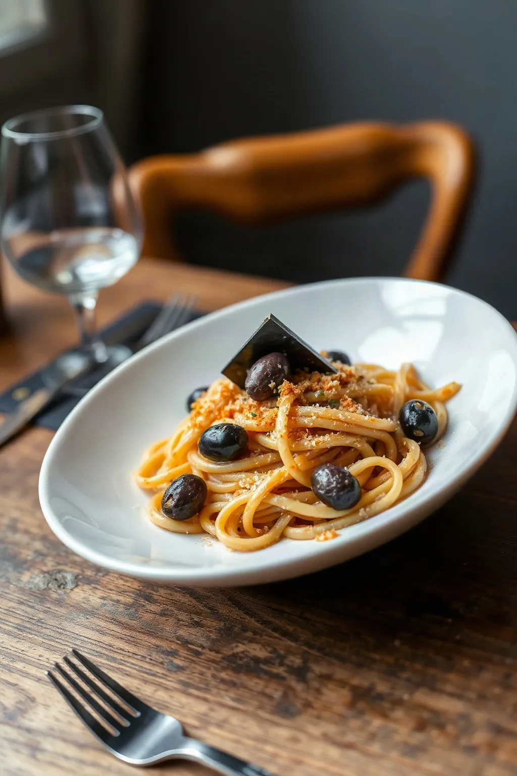 Spaghettis aux anchois, olives et pain grillé pangrattato