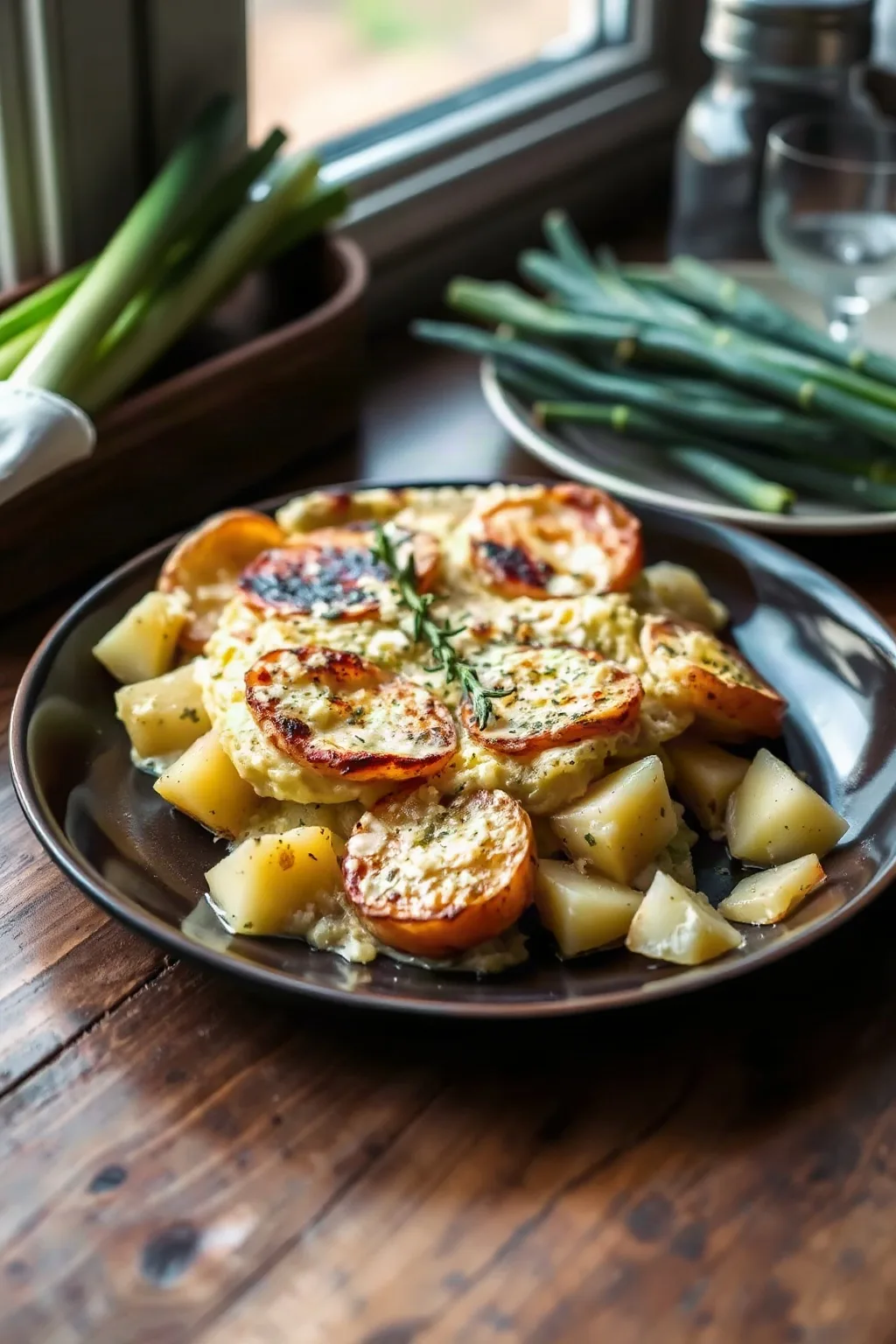 Gratin de pommes de terre aux poireaux et au thym