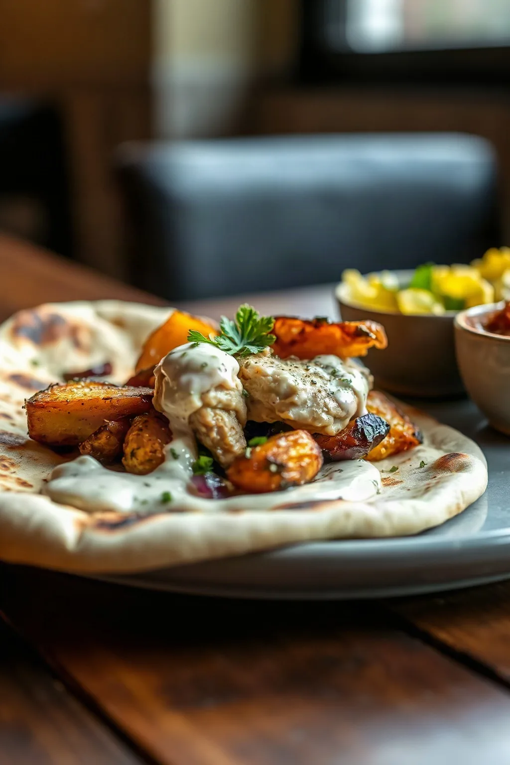 Naan Bread with Chicken, Roasted Potatoes and Garlic Sauce