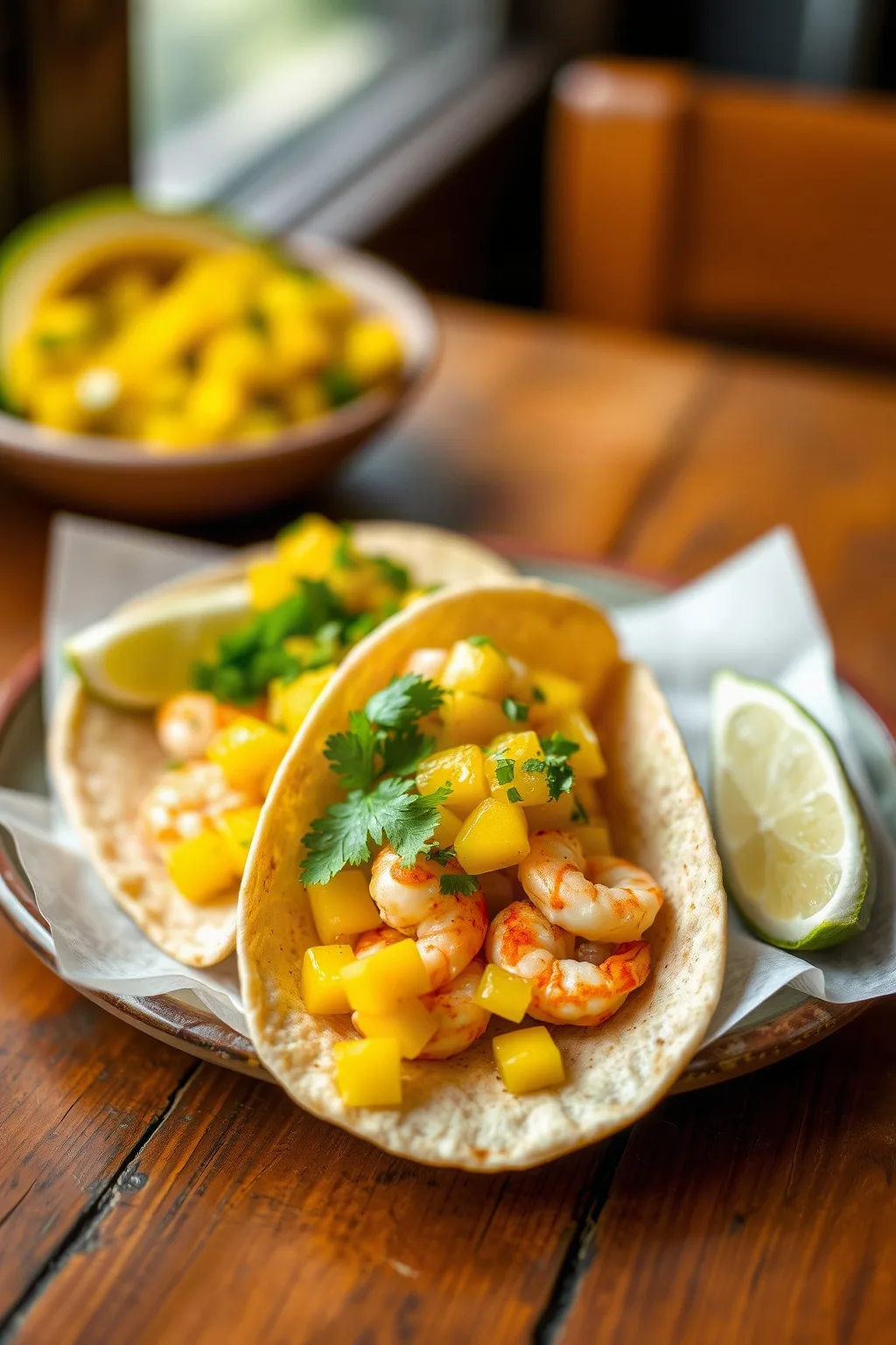 Tacos aux crevettes et salsa à la mangue