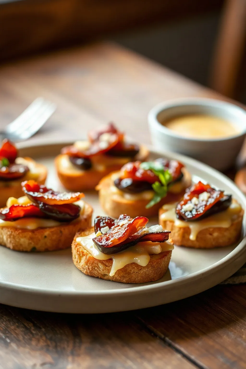 Warm Bacon, Date, and Cheddar Crostinis