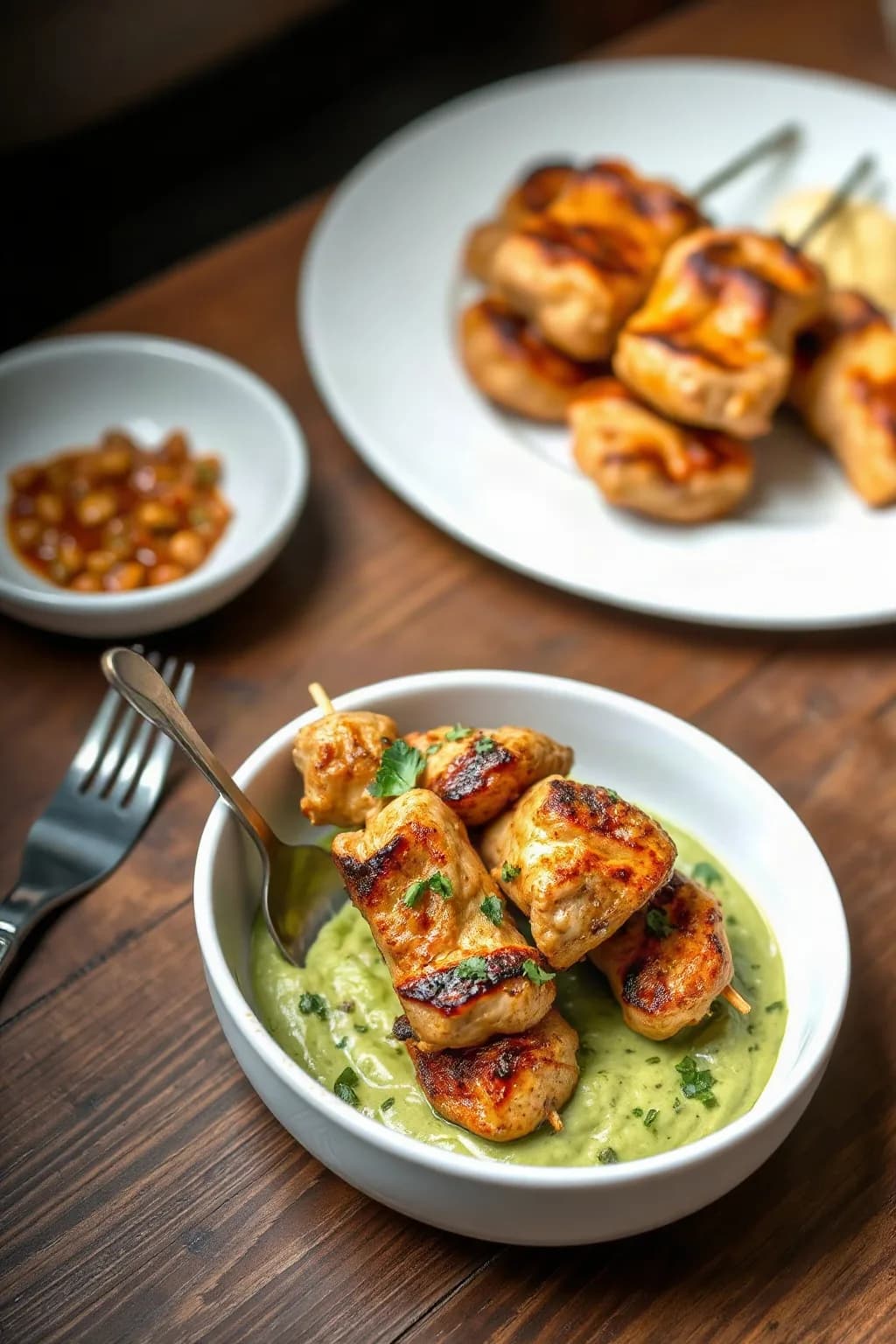 Brochettes de poulet aux épices sur purée d'avocat