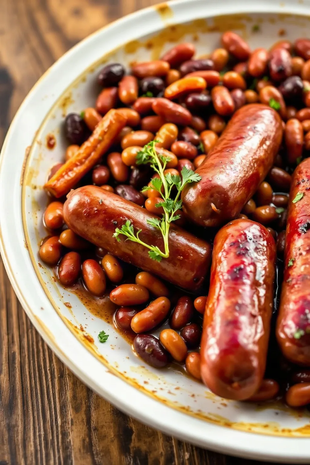 Salchichas y Frijoles Asados en Bandeja