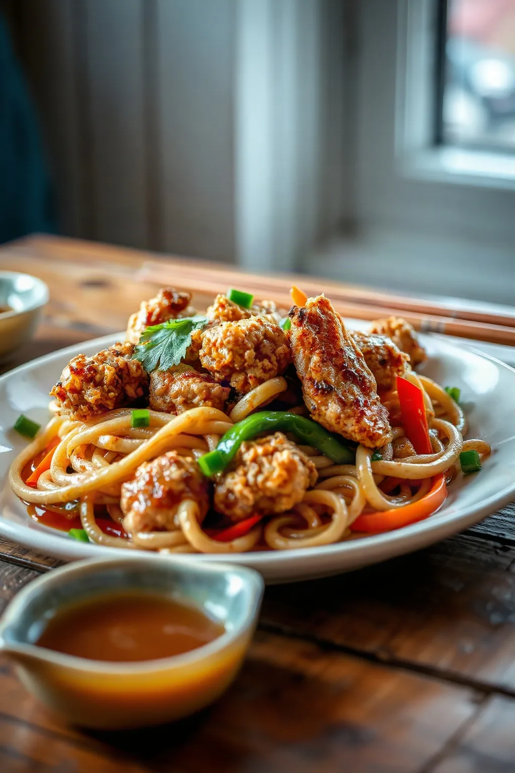 Crispy Chicken with Vegetable Noodles and Tao Dressing