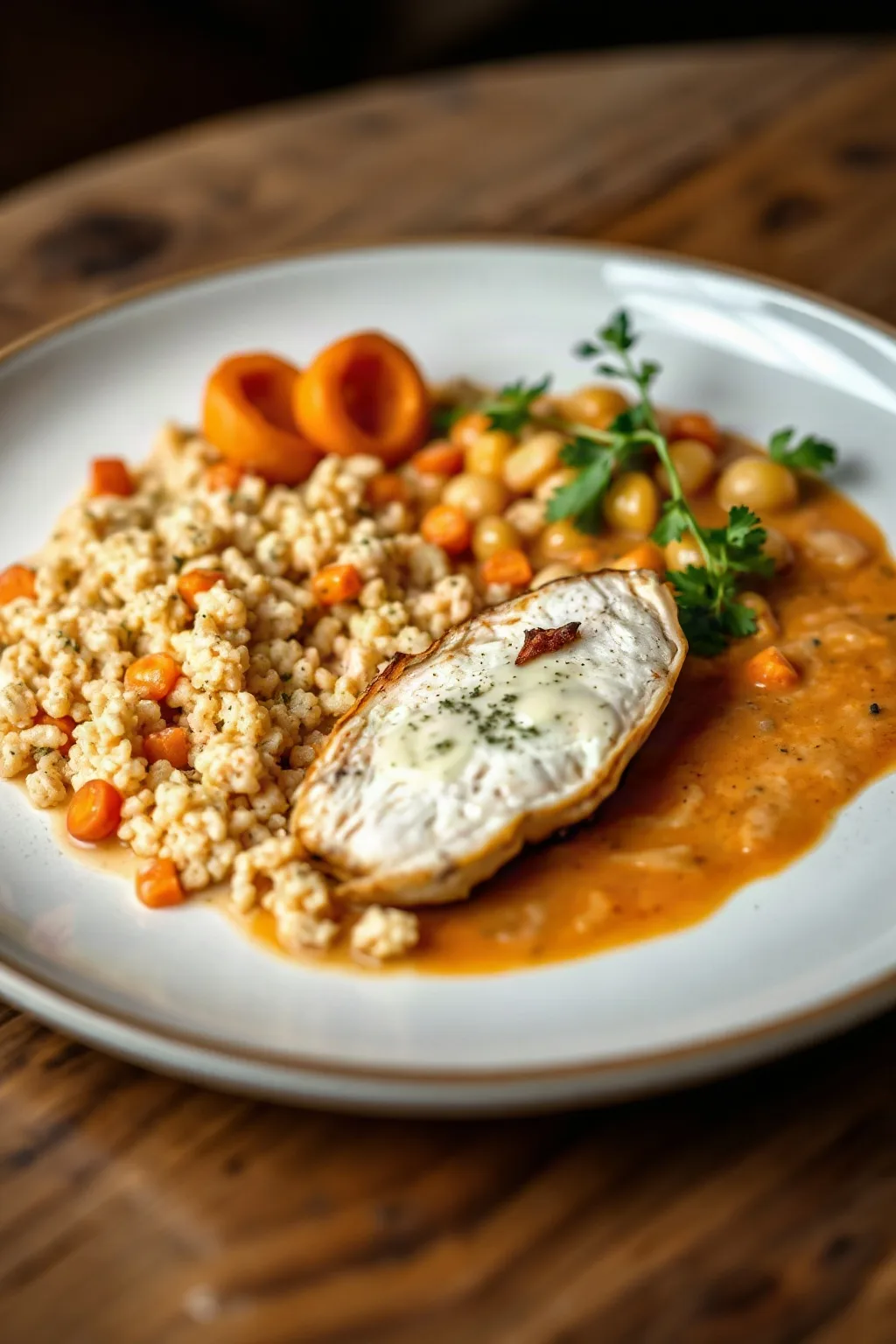 Chicken Escalopes with Creamy Israeli Couscous and Carrot Jus