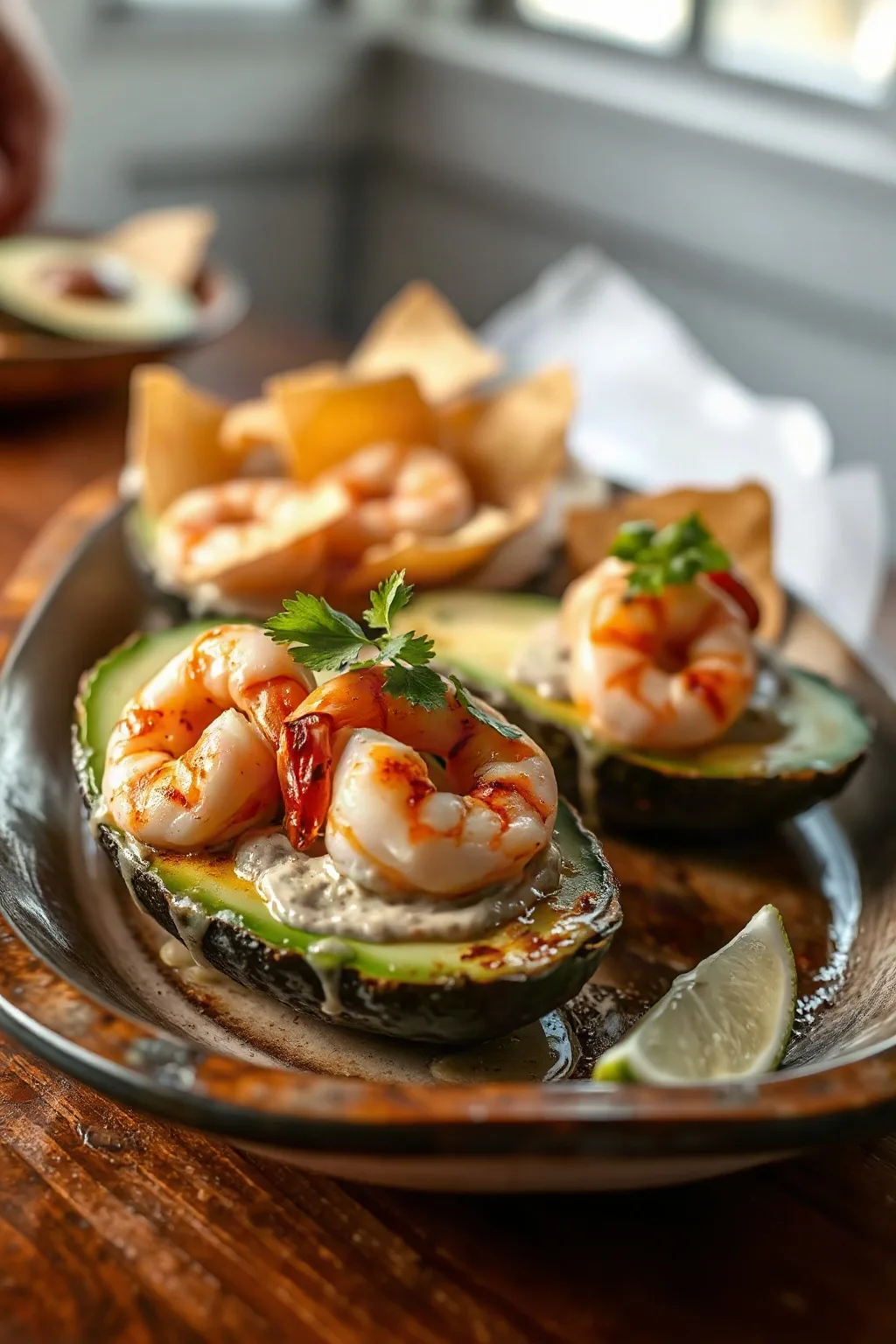 Aguacate a la Parrilla con Camarones y Totopos
