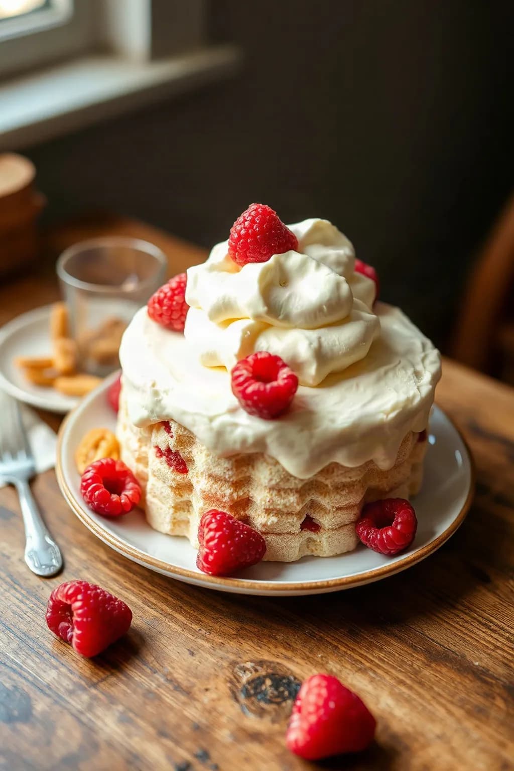 Pastel de Ángel con Frambuesas y Crema de Queso Batida