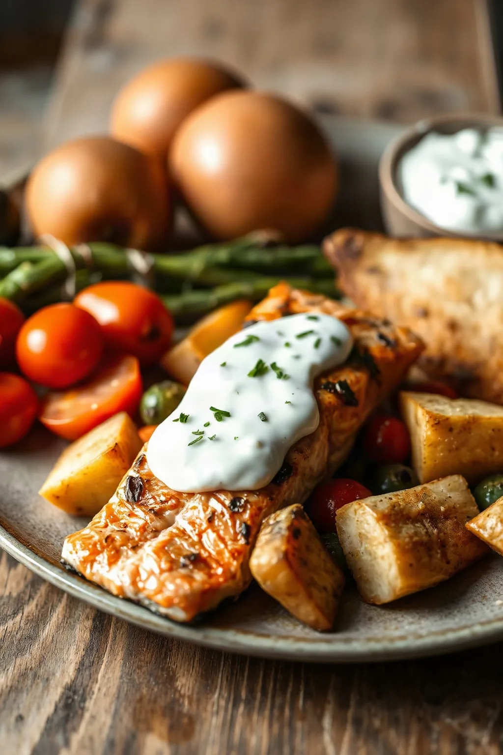 Oven-Roasted Salmon and Vegetables with Tarragon Yogurt