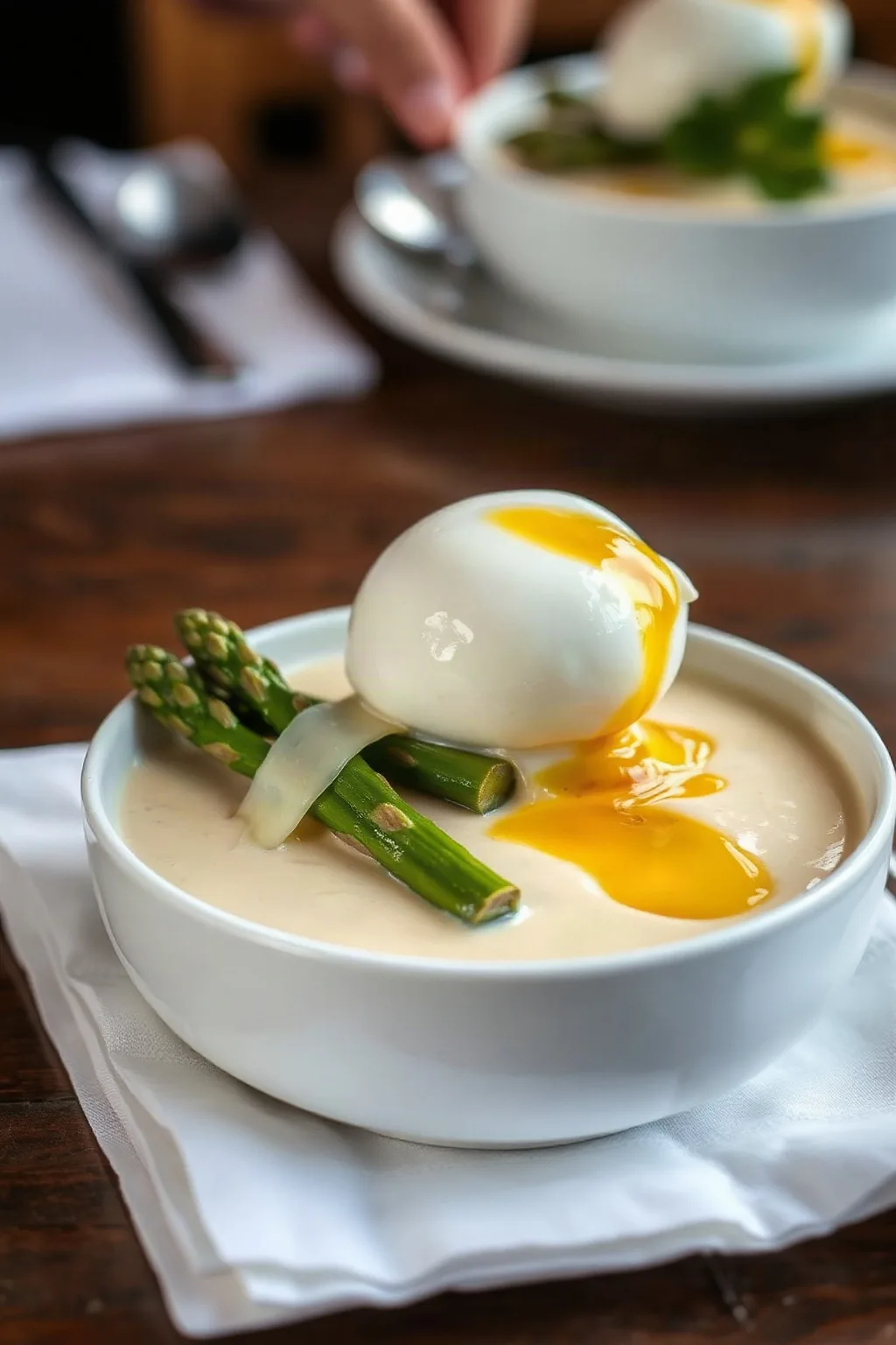 Crème d'asperges au parmesan et à l'œuf poché