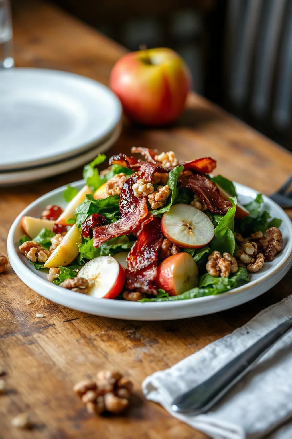 Salade verte aux pommes, noix, bacon et érable