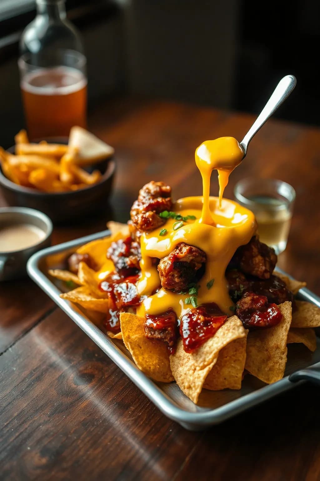Chicken Barbecue Cheese Fondue Nachos