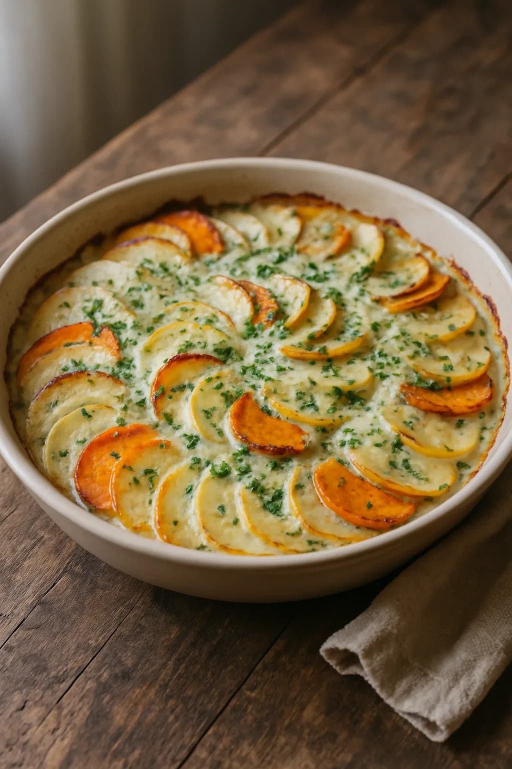 Root Vegetable Gratin with Creamy Herb Sauce